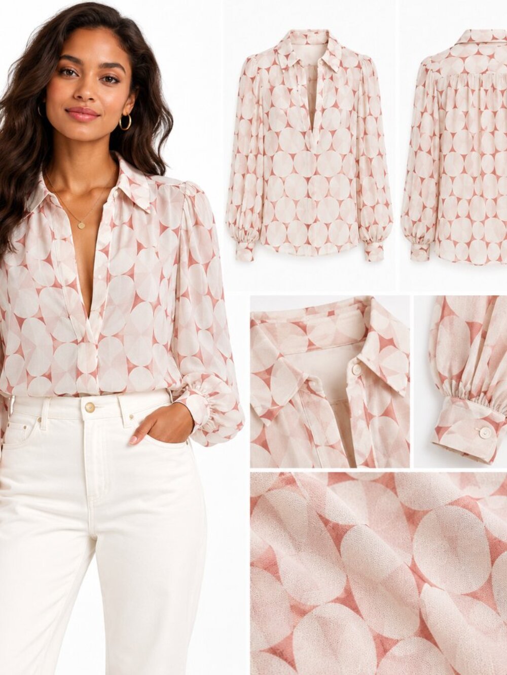 Bardot Woman Pink Cream Geometric Print Blouse Bishop Sleeve Retro Chic12